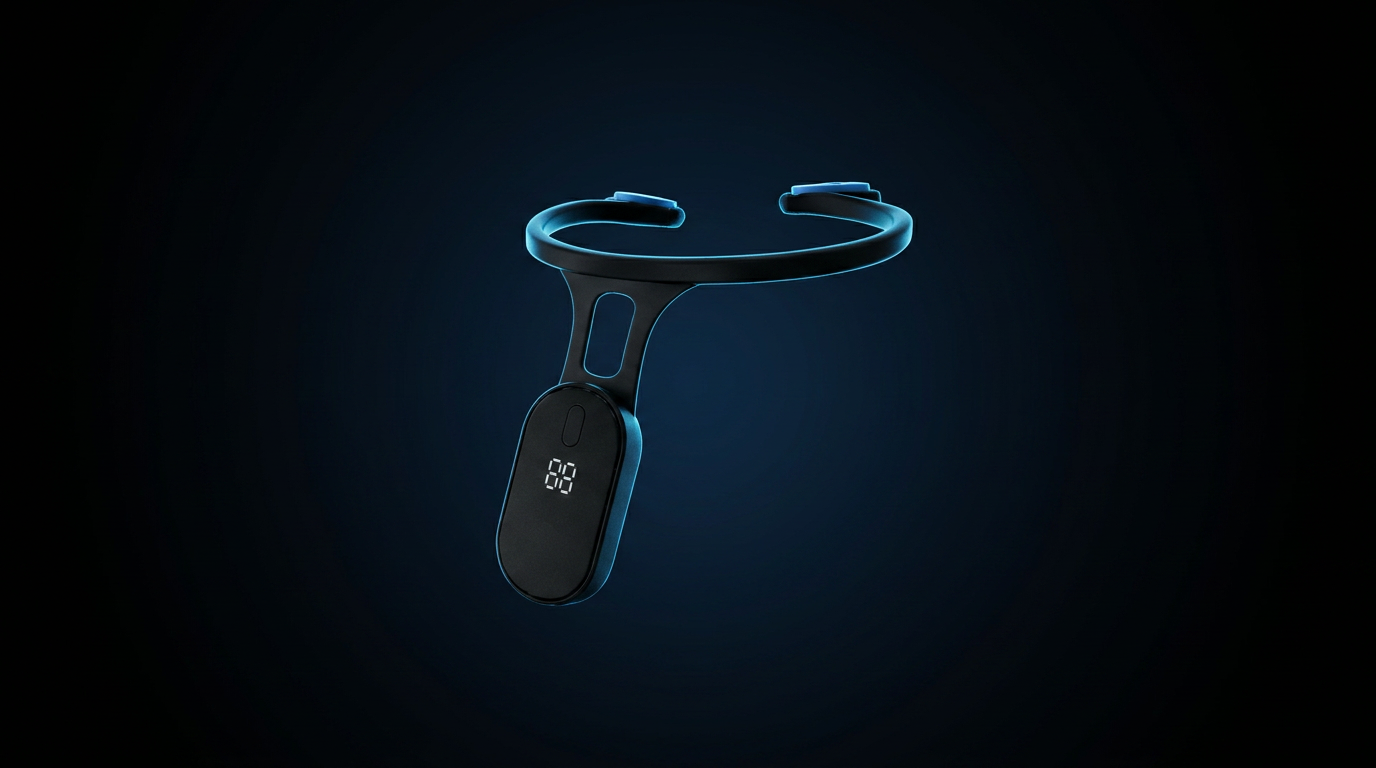 PosturlyX smart posture corrector, wide dramatic hero product photograph
