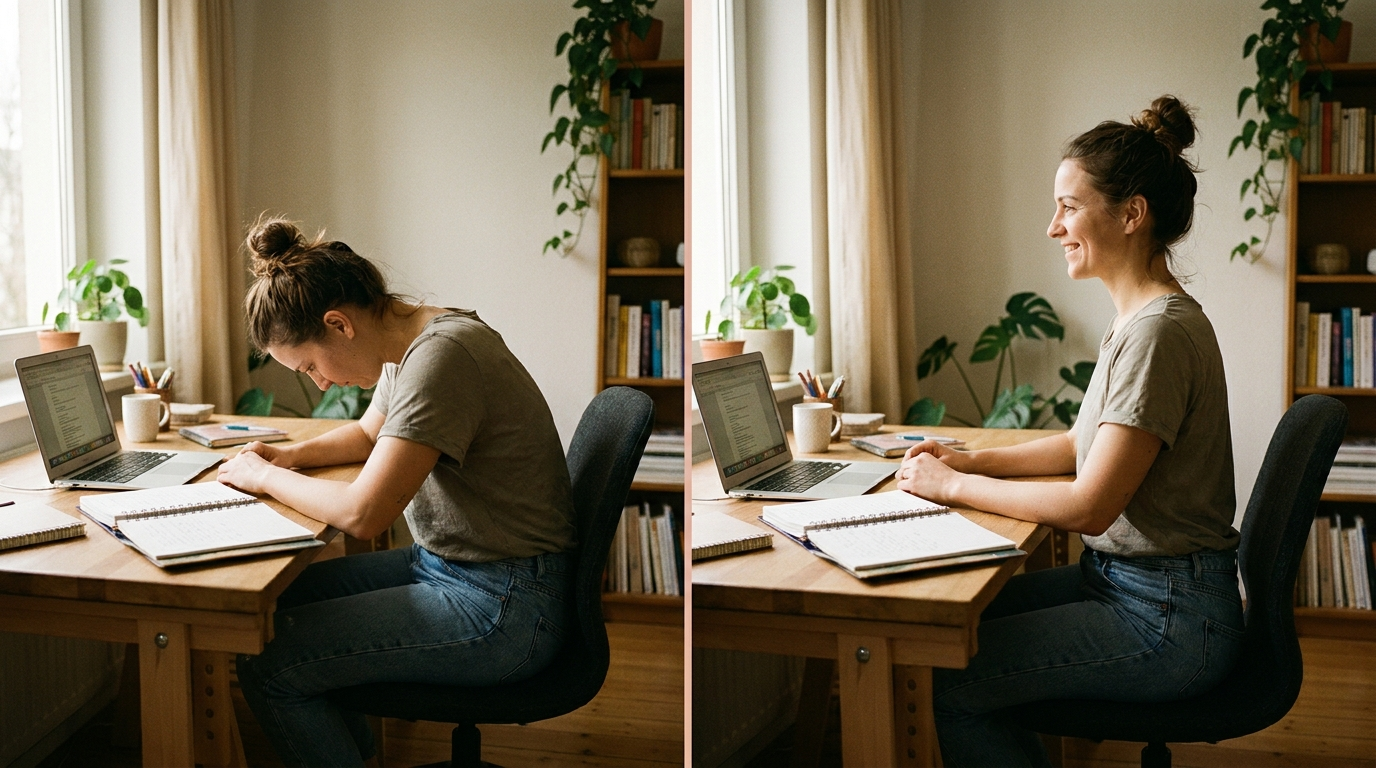 Before and after posture comparison, same person same desk same lighting